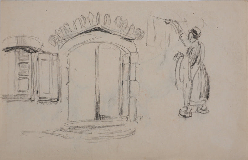 Georges MANZANA-PISSARRO : Le linge, Dessin original