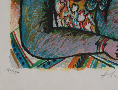 Theo TOBIASSE : Jeune femme à la robe en fleur, Lithographie originale signée