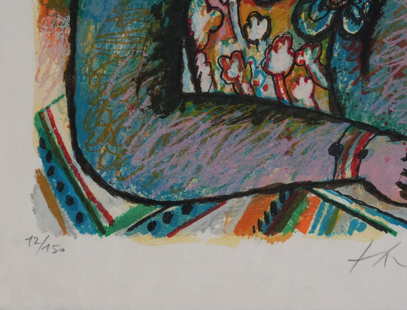 Theo TOBIASSE : Jeune femme à la robe en fleur, Lithographie originale signée