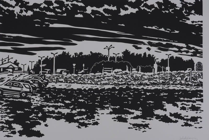 Juliette PLANQUE : Paysages aux voitures, Linogravure originale signée