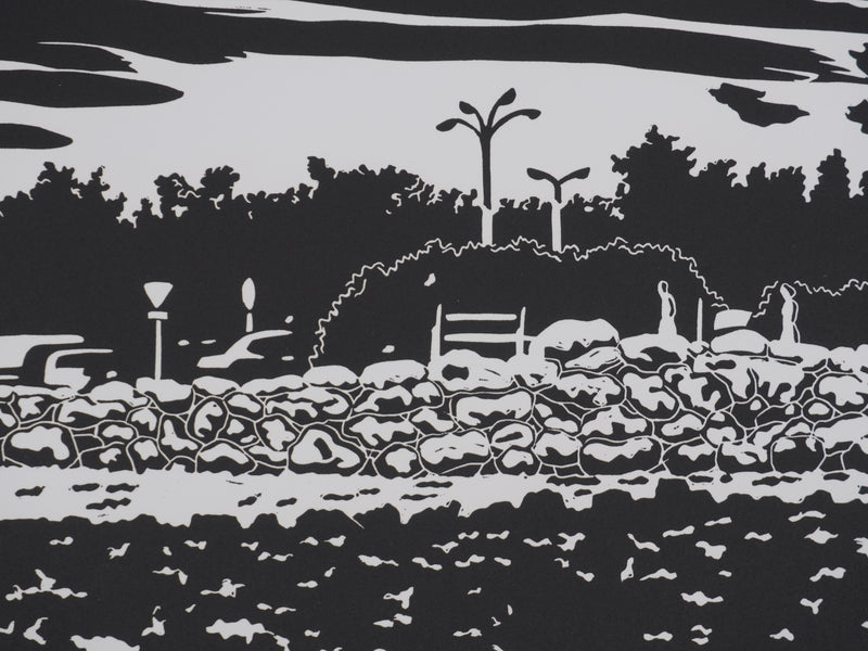 Juliette PLANQUE : Paysages aux voitures, Linogravure originale signée