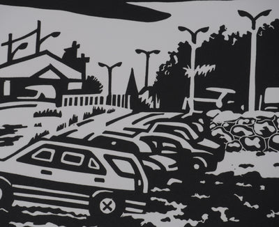 Juliette PLANQUE : Paysages aux voitures, Linogravure originale signée