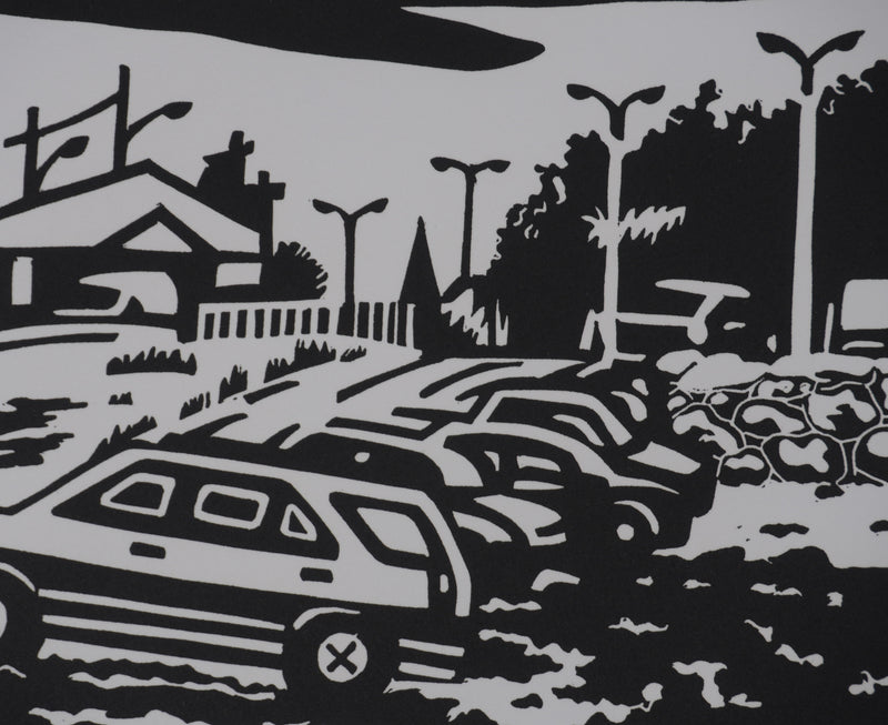 Juliette PLANQUE : Paysages aux voitures, Linogravure originale signée