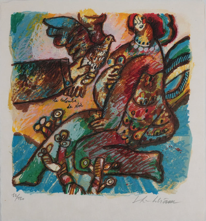 Theo TOBIASSE : La jeune femme et la colombe de Noé, Lithographie originale signée