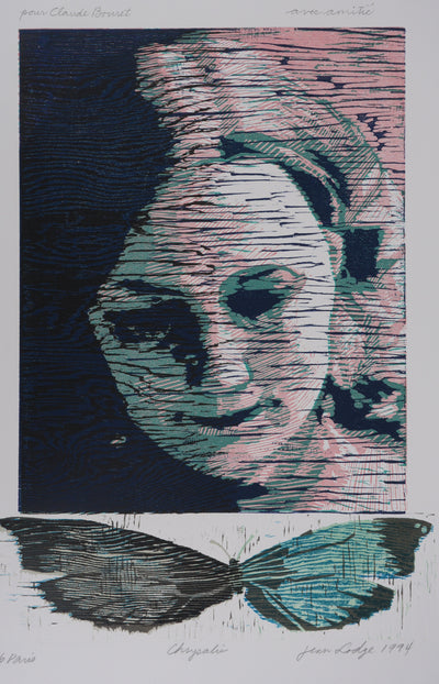 Jean LODJE : La jeune fille au papillon, Gravure originale signée
