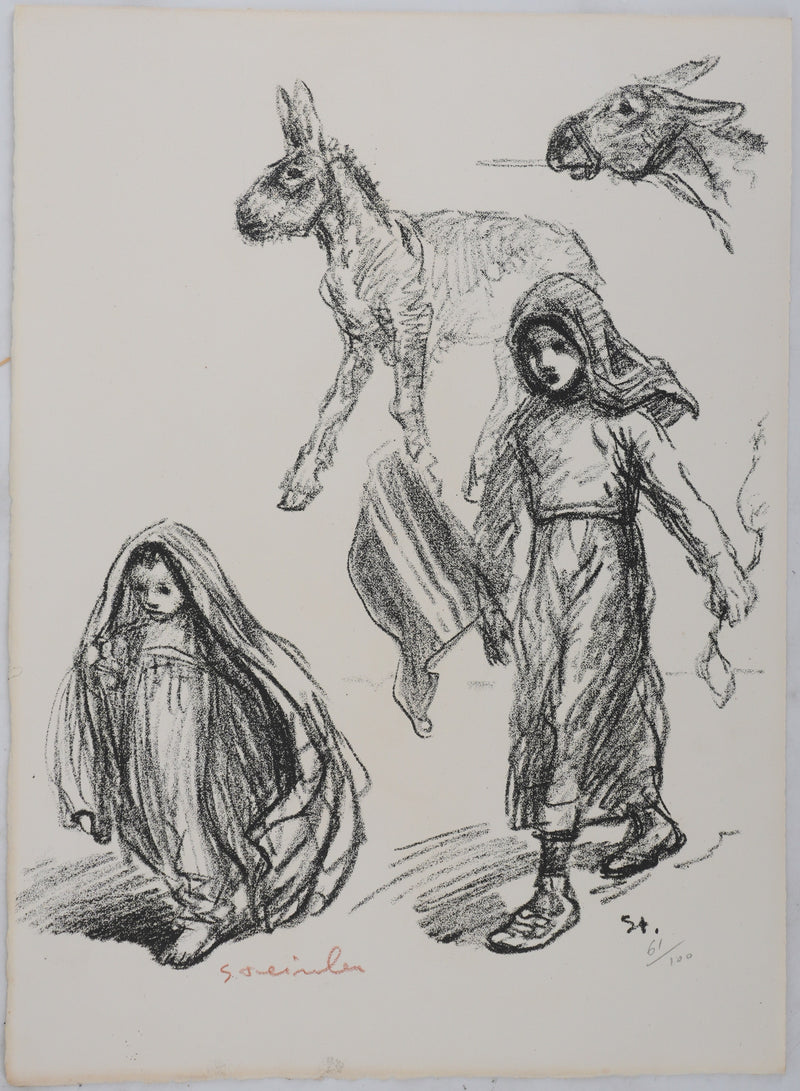 Théophile Alexandre STEINLEN : Fillettes serbes et ânes, Lithographie originale signée