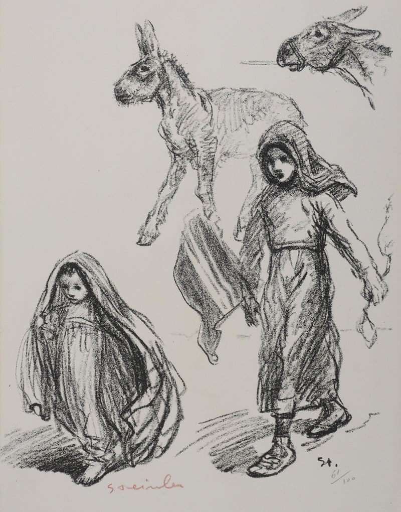 Théophile Alexandre STEINLEN : Fillettes serbes et ânes, Lithographie originale signée
