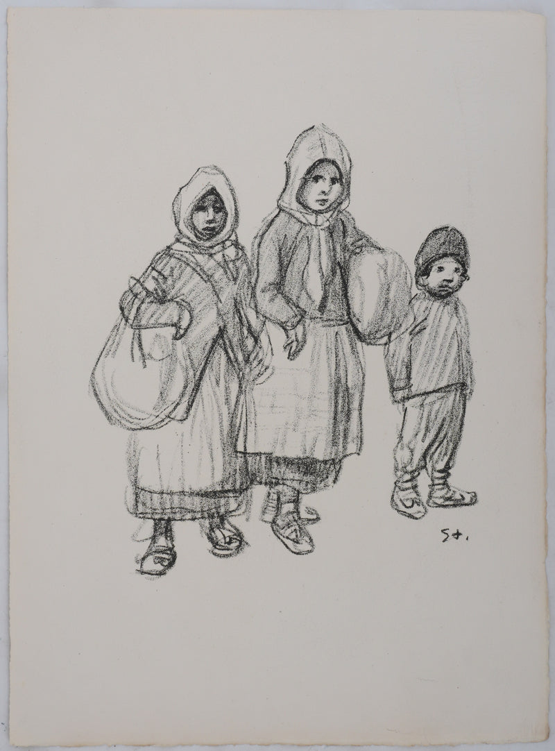 Théophile Alexandre STEINLEN : Deux fillettes et un garçonnet serbes, Lithographie originale signée