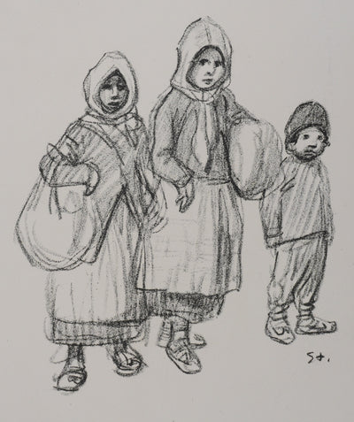 Théophile Alexandre STEINLEN : Deux fillettes et un garçonnet serbes, Lithographie originale signée