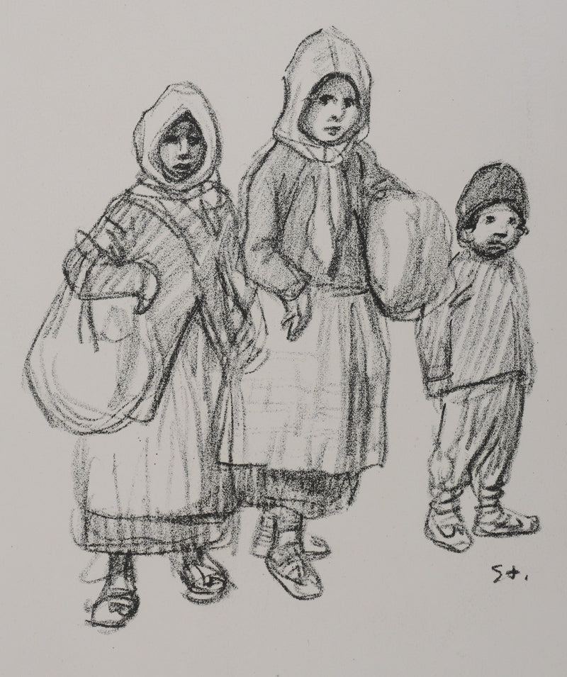 Théophile Alexandre STEINLEN : Deux fillettes et un garçonnet serbes, Lithographie originale signée
