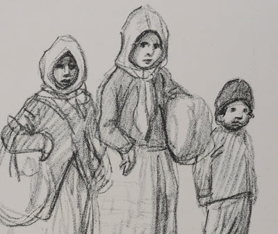 Théophile Alexandre STEINLEN : Deux fillettes et un garçonnet serbes, Lithographie originale signée