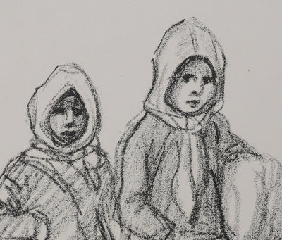 Théophile Alexandre STEINLEN : Deux fillettes et un garçonnet serbes, Lithographie originale signée