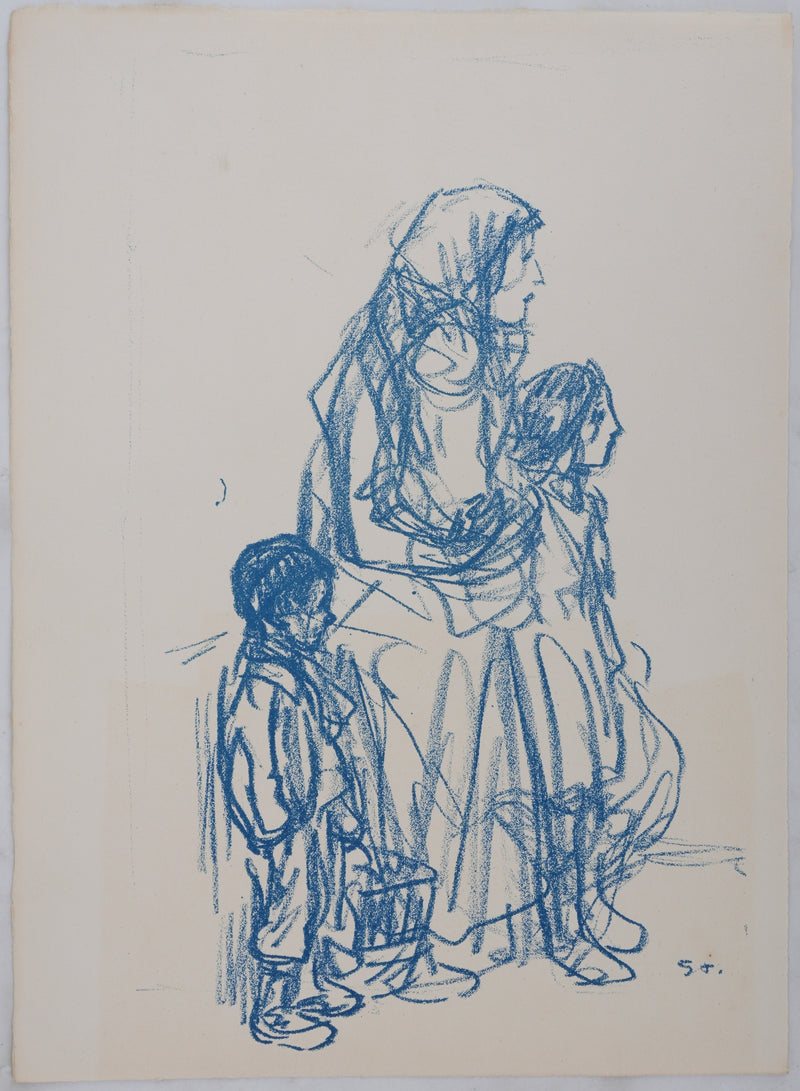 Théophile Alexandre STEINLEN : Femme de profil et ses trois enfants, Lithographie originale signée