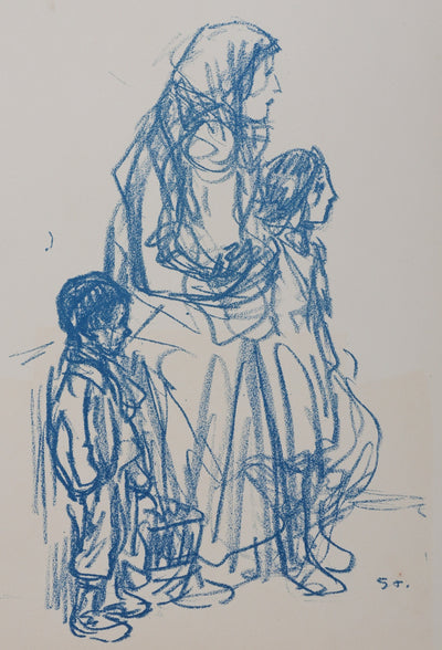 Théophile Alexandre STEINLEN : Femme de profil et ses trois enfants, Lithographie originale signée