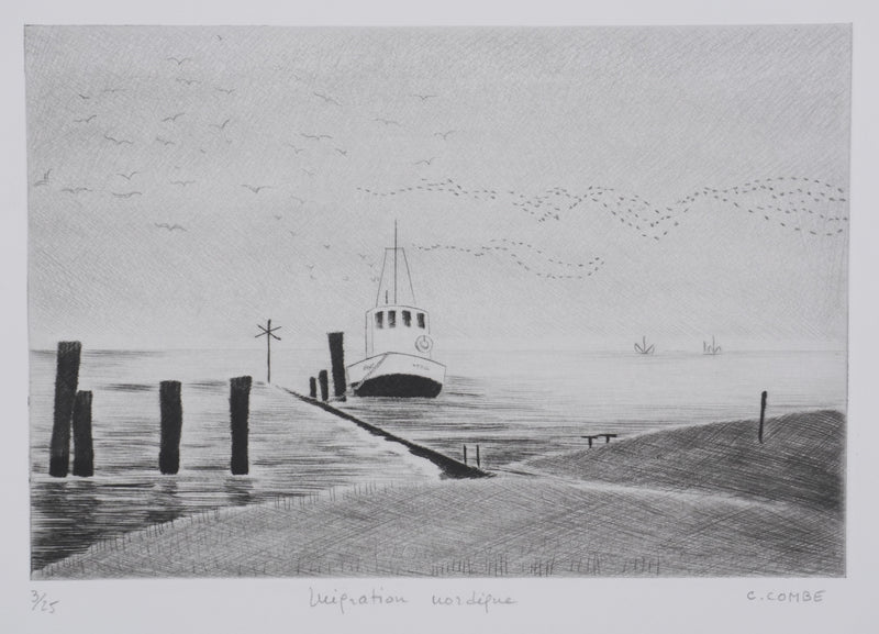 Camille COMBE : Migration nordique, Gravure originale signée