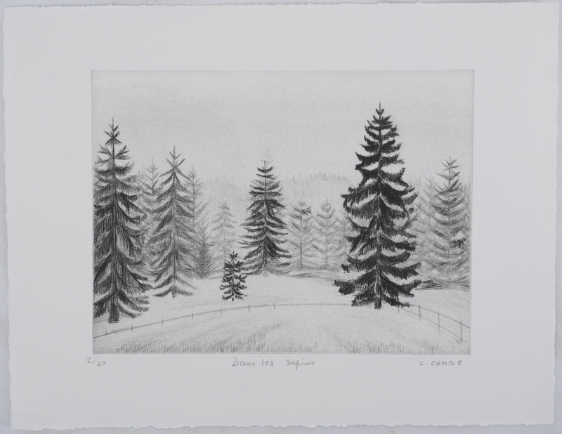 Camille COMBE : Dans les sapins, Gravure originale signée
