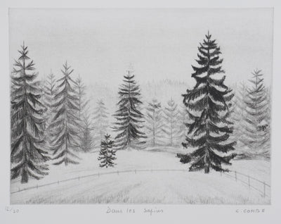 Camille COMBE : Dans les sapins, Gravure originale signée