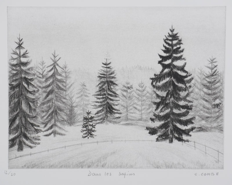 Camille COMBE : Dans les sapins, Gravure originale signée