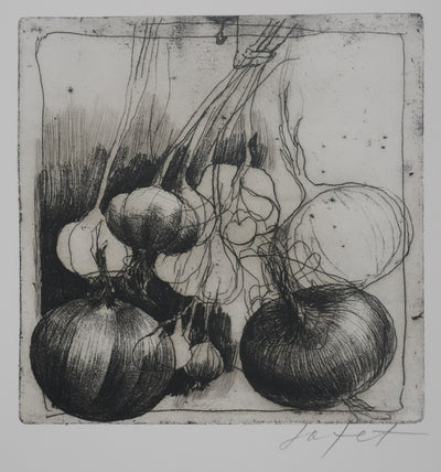 Safet ZEC : Nature morte aux oignons, Gravure originale signée