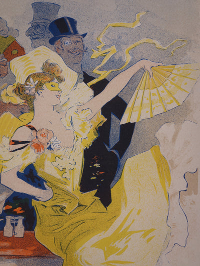 Jules CHERET : La femme en jaune à l'éventail, Lithographie originale signée