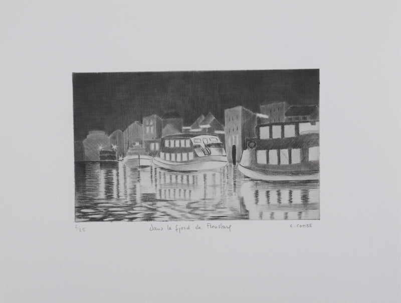 Camille COMBE : Dans le fjord de Flensbourg, Gravure originale signée