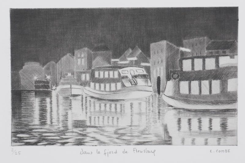 Camille COMBE : Dans le fjord de Flensbourg, Gravure originale signée