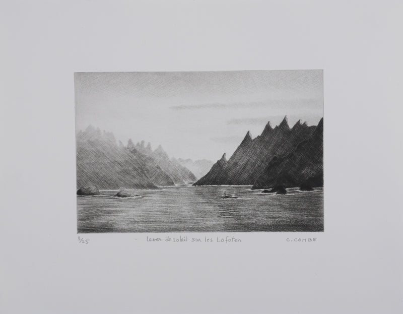 Camille COMBE : Lever de soleil sur les Lofoten, Gravure originale signée