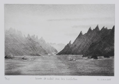 Camille COMBE : Lever de soleil sur les Lofoten, Gravure originale signée