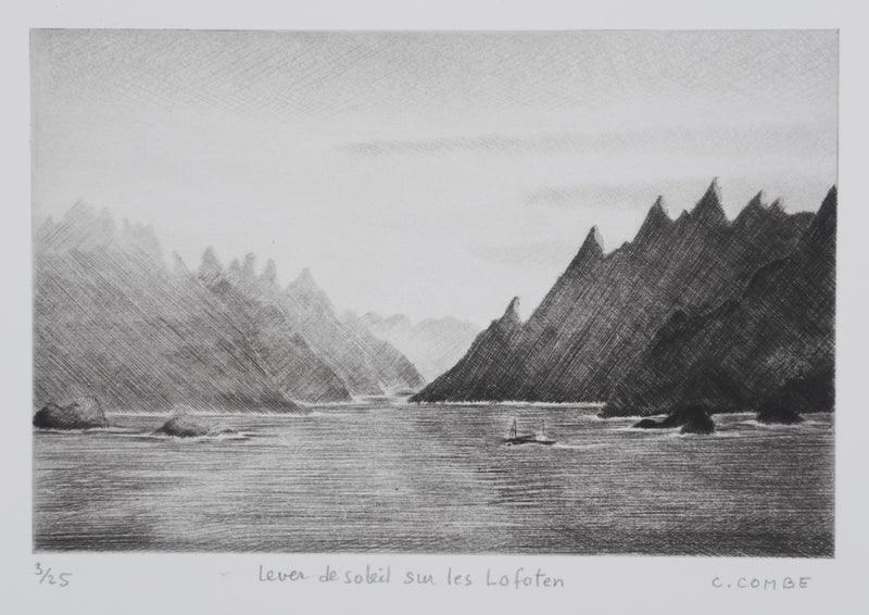 Camille COMBE : Lever de soleil sur les Lofoten, Gravure originale signée