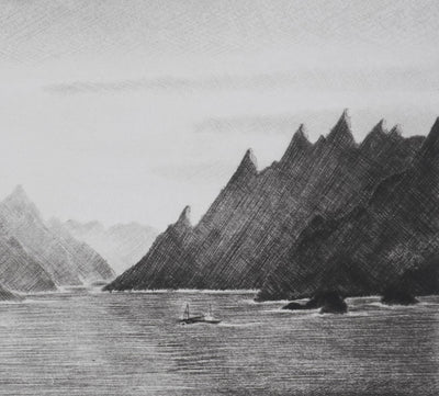Camille COMBE : Lever de soleil sur les Lofoten, Gravure originale signée