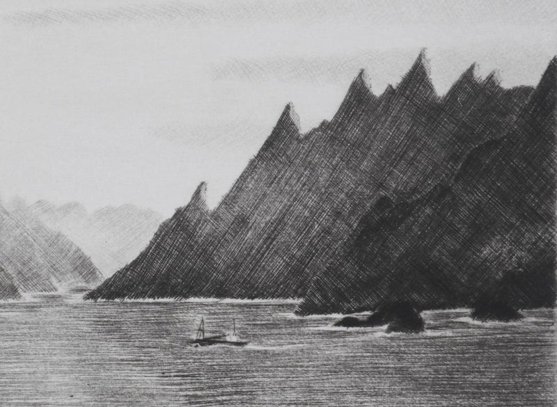 Camille COMBE : Lever de soleil sur les Lofoten, Gravure originale signée