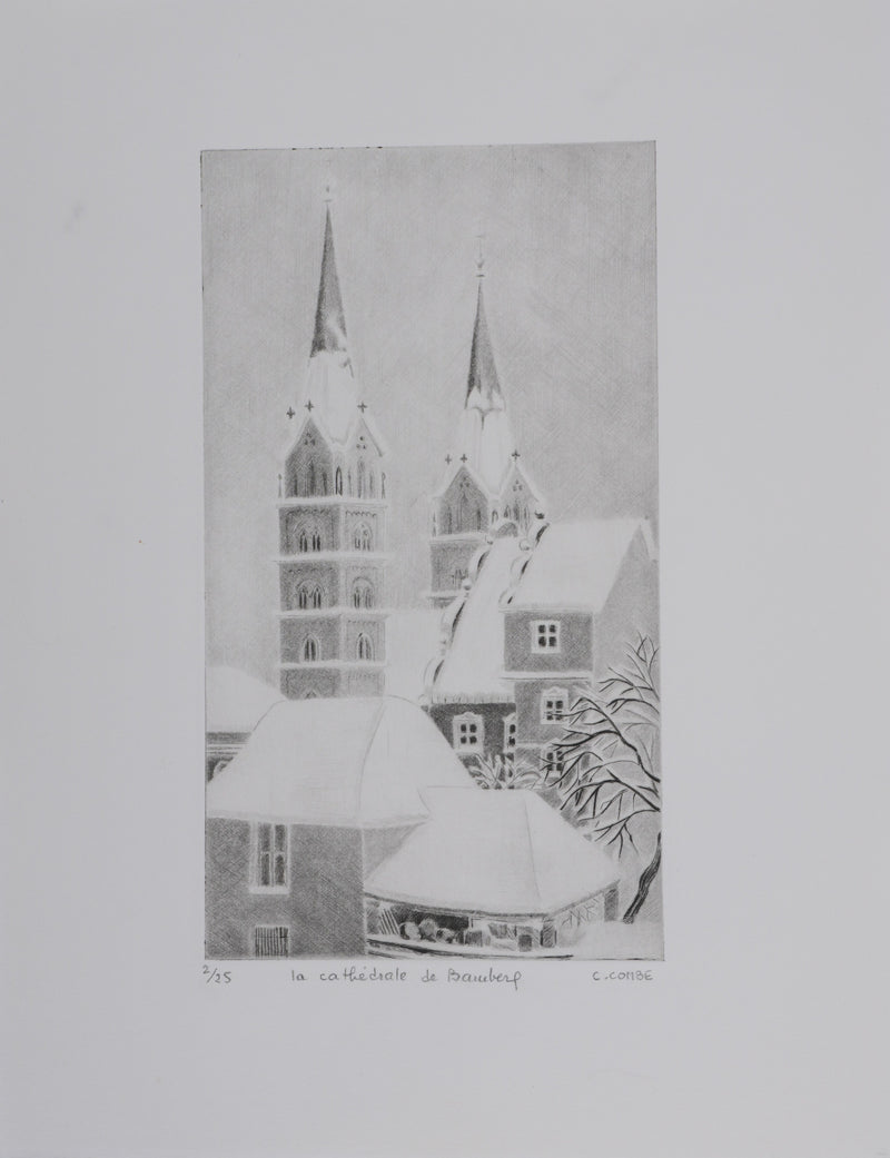 Camille COMBE : La cathédrale de Bamberg, Gravure originale signée