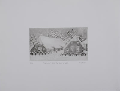 Camille COMBE : Staphorst s'éveille sous la neige, Gravure originale signée