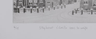 Camille COMBE : Staphorst s'éveille sous la neige, Gravure originale signée