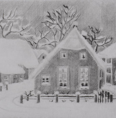 Camille COMBE : Staphorst s'éveille sous la neige, Gravure originale signée