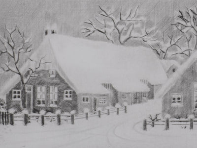 Camille COMBE : Staphorst s'éveille sous la neige, Gravure originale signée