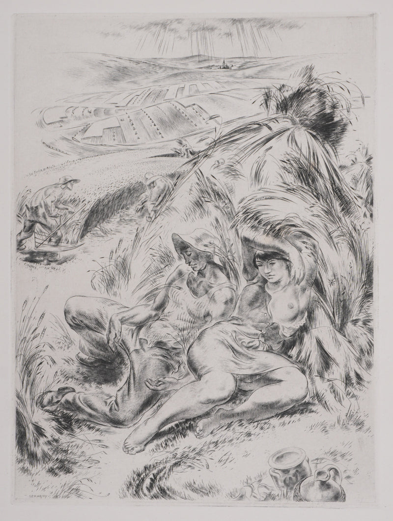 Paul LEMAGNY : Moissonneurs, Gravure originale signée