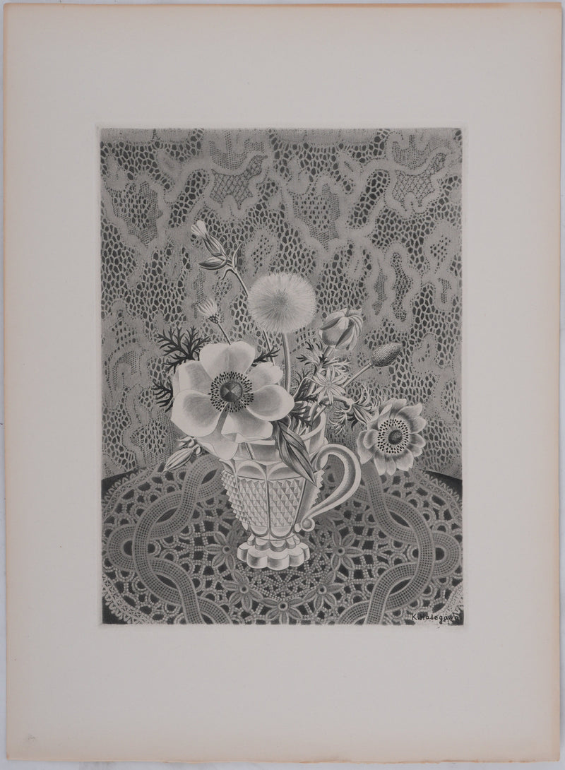Kiyoshi HASEGAWA : Bouquet sur fond de dentelle, Gravure originale signée
