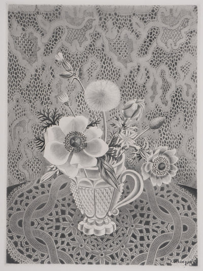 Kiyoshi HASEGAWA : Bouquet sur fond de dentelle, Gravure originale signée