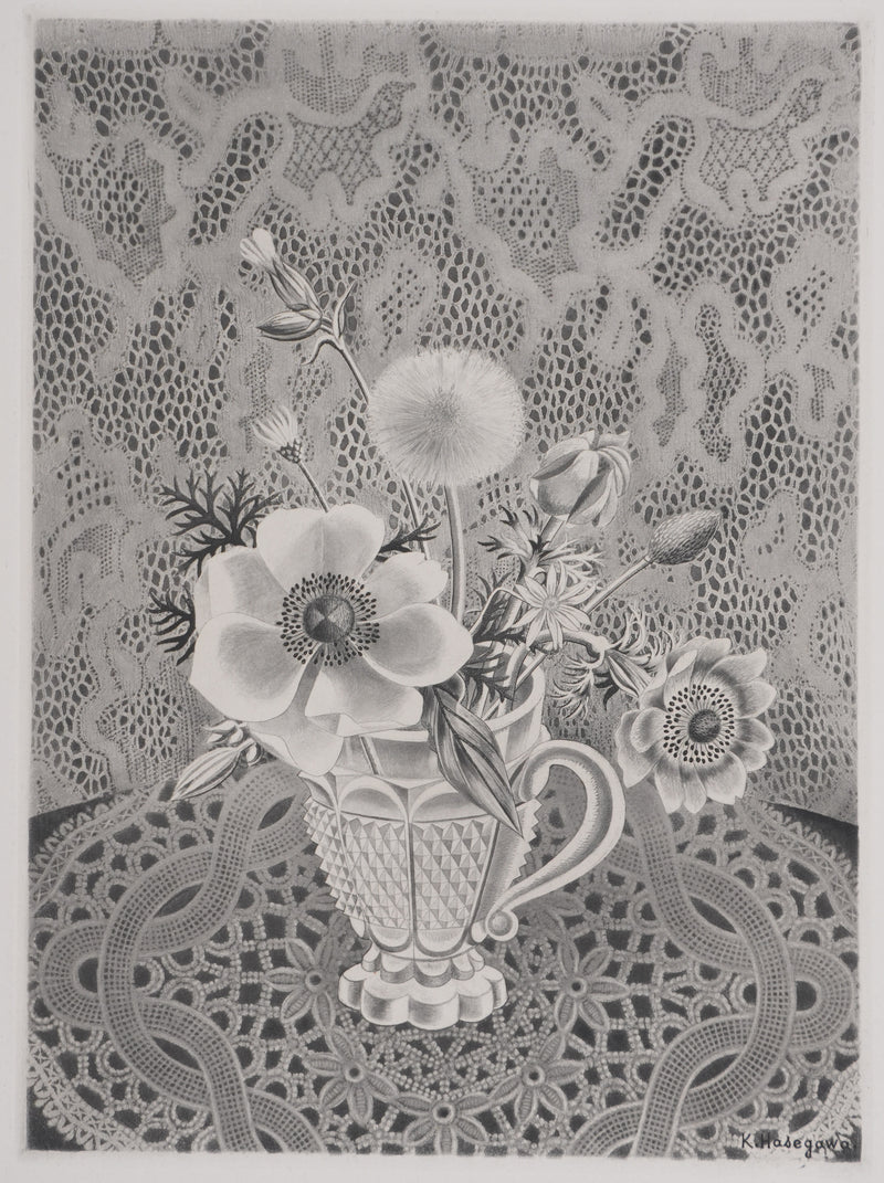 Kiyoshi HASEGAWA : Bouquet sur fond de dentelle, Gravure originale signée