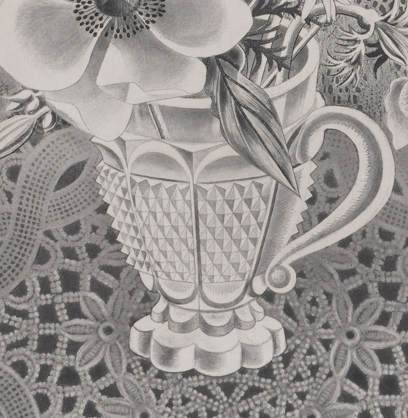 Kiyoshi HASEGAWA : Bouquet sur fond de dentelle, Gravure originale signée