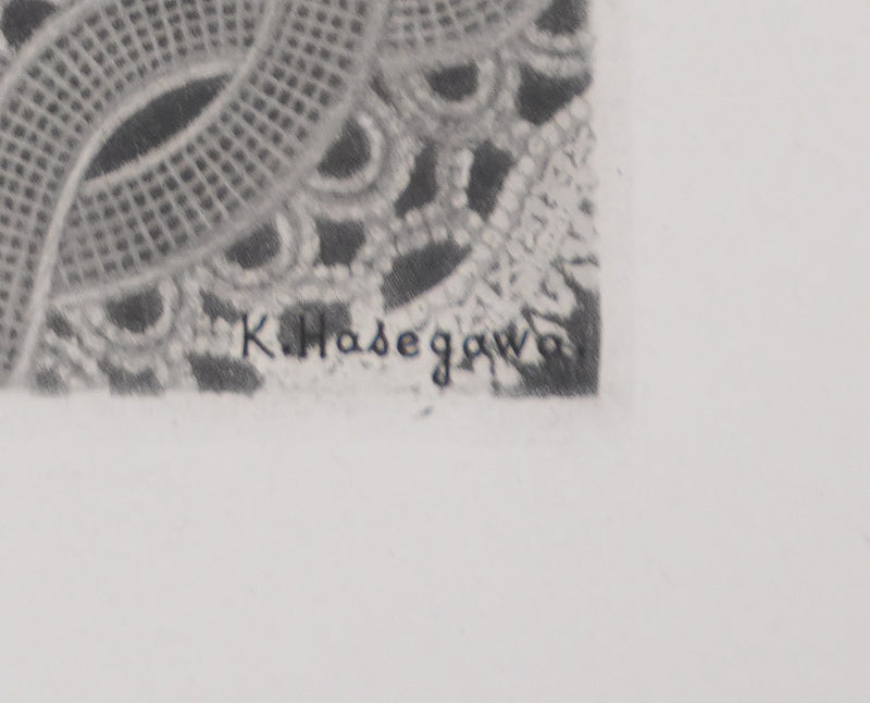 Kiyoshi HASEGAWA : Bouquet sur fond de dentelle, Gravure originale signée