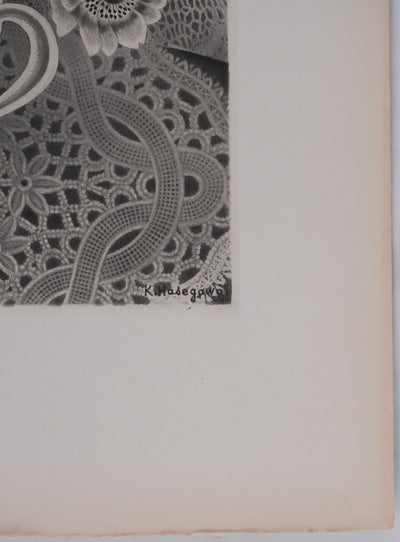 Kiyoshi HASEGAWA : Bouquet sur fond de dentelle, Gravure originale signée