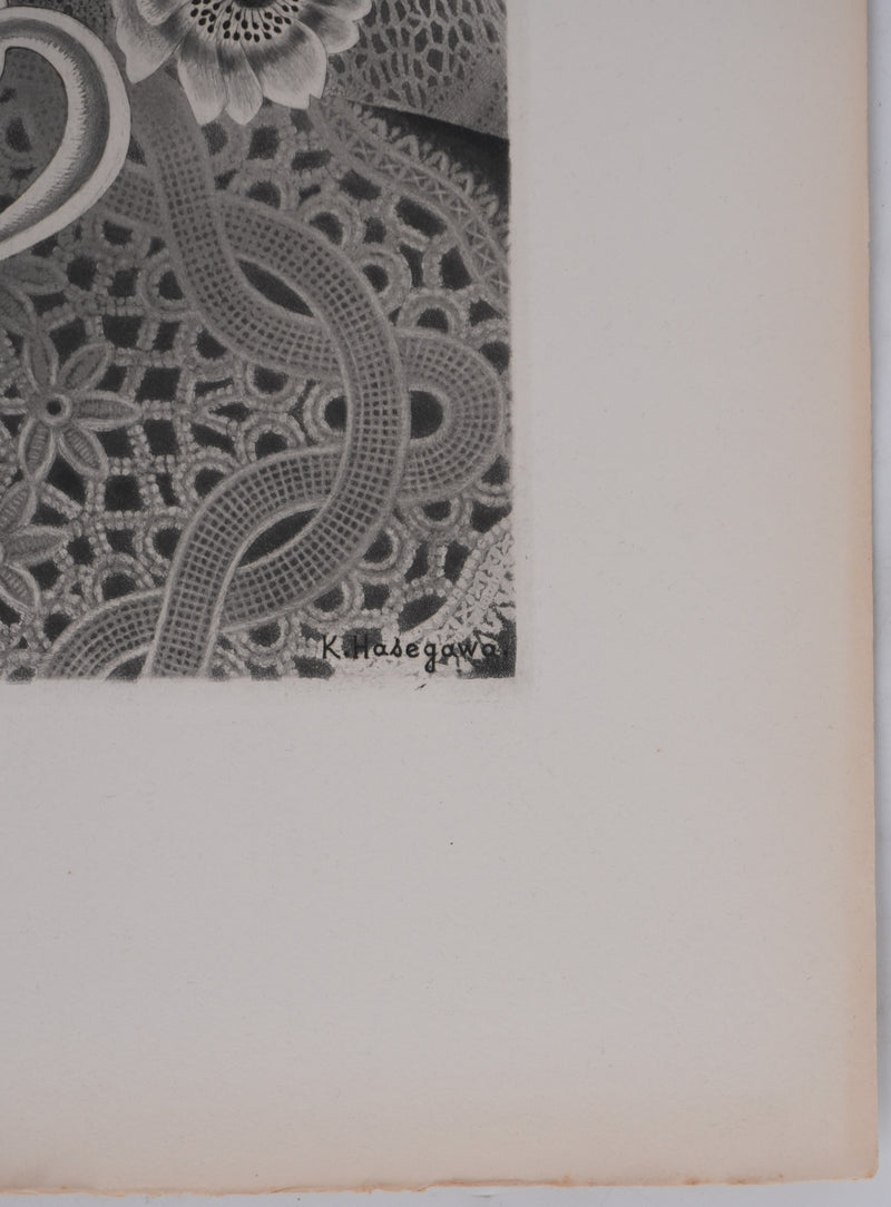 Kiyoshi HASEGAWA : Bouquet sur fond de dentelle, Gravure originale signée