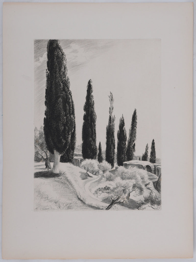 René COTTET : Cyprès de la Villa Adriana, Gravure originale signée