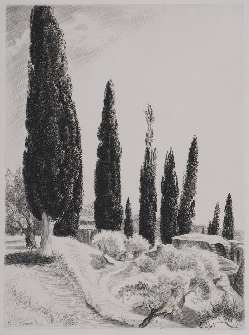 René COTTET : Cyprès de la Villa Adriana, Gravure originale signée