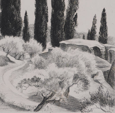 René COTTET : Cyprès de la Villa Adriana, Gravure originale signée