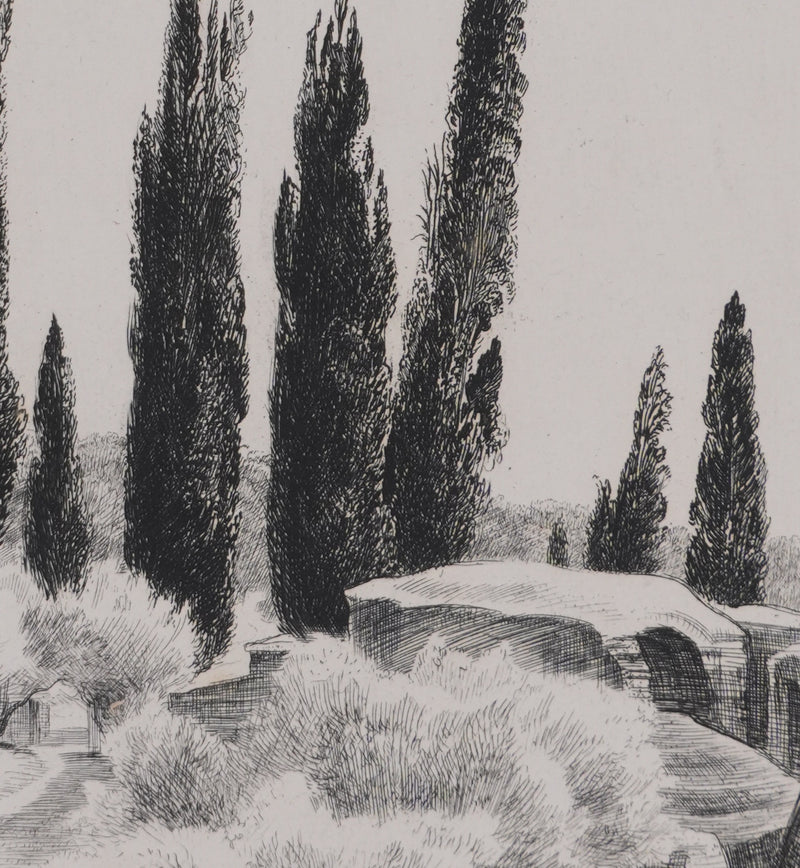 René COTTET : Cyprès de la Villa Adriana, Gravure originale signée