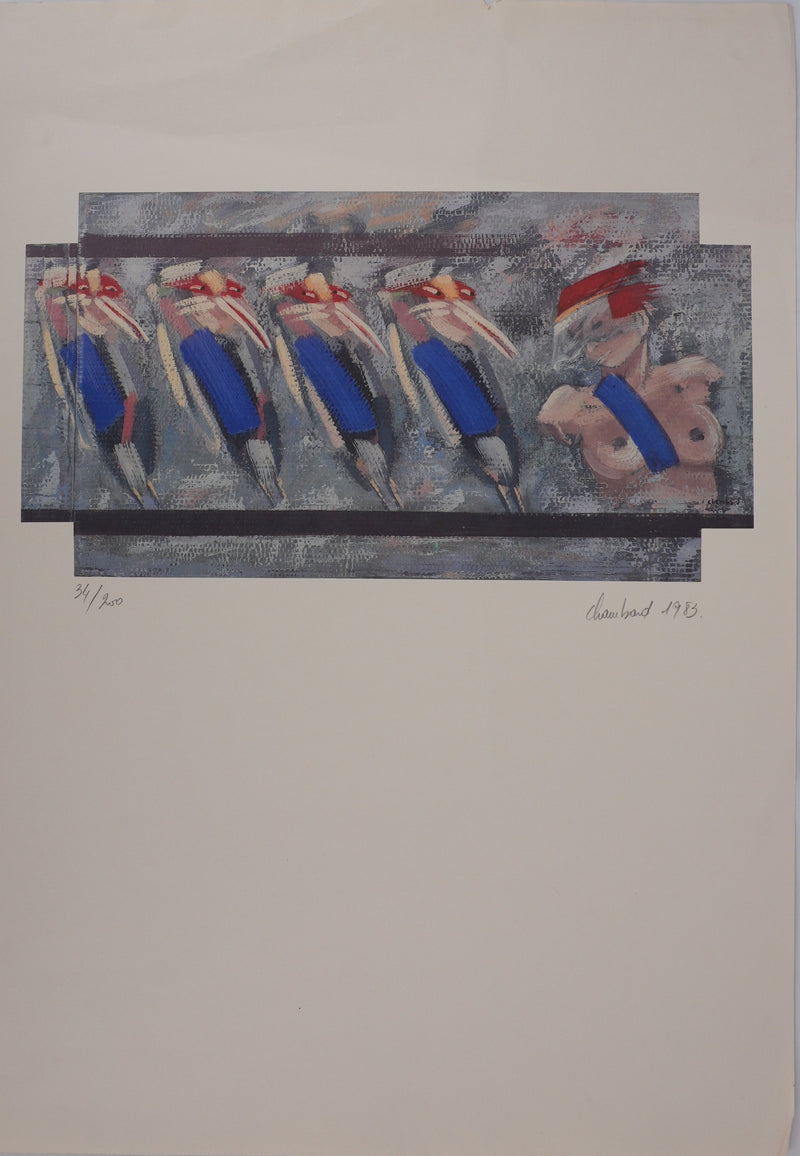 David CHAMBARD : Buste féminin et oiseaux, Lithographie originale signée