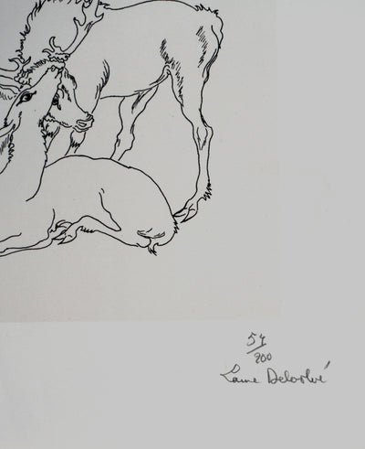 Laure DELVOLVE : La biche et le cerf, Lithographie originale signée